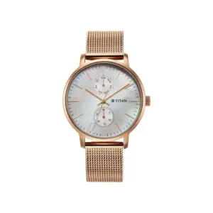 Titan Watch Titan Workwear Slimline Mother of Pearl Dial Analog Watch for Women with Day & Date, Stainless Steel Strap 95143WM01