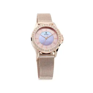 Titan Watch Titan Sparkle Quartz Analog Pink Dial Watch for Women with Stainless Steel Mesh Strap 9798WM04