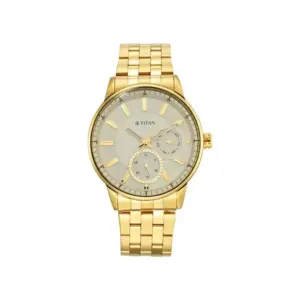 Titan Watch Titan Regalia Opulent White Dial Analog Watch for Men with Day & Date, Golden Stainless Steel Strap 9441YM02