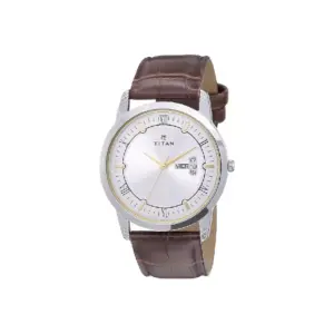 Titan Watch Titan Karishma Q4 Quartz Analog Silver Dial Watch for Men with Day & Date, Brown Leather Strap 1774SL01