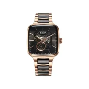 Titan Watch Titan Ceramic Fusion Automatic Black Square Dial Watch for Men Two Toned Stainless Steel Strap 90175KD03