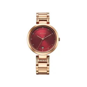 Titan Watch Titan Sparkle Analog Red Dial Watch for Women with Rose Gold Stainless Steel Strap 2480WM07