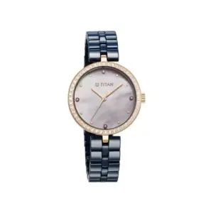 Titan Watch Titan Purple Ceramics Quartz Analog Mother of Pearl Dial Watch for Women with Blue Ceramic Strap 95215KC03
