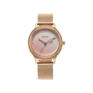 Titan Watch Titan Purple Glam It Up Analog Pink Dial Watch for Women with Date, Rose Gold Stainless Steel Strap 2634WM05