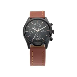 Titan Watch Titan Workwear Neo IV Quartz Multifunction Black Dial Watch for Men with Brown Leather Strap 1805NL01