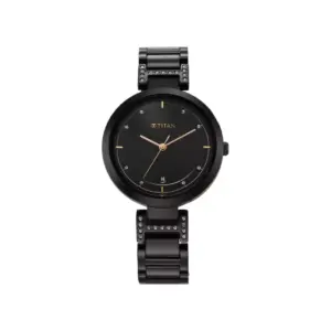 Titan Watch Titan Sparkle Quartz Analog Black Dial Watch for Women with Date, Black Metal Strap 2480NM02
