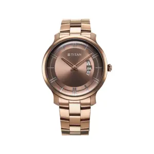 Titan Watch Titan Clasique Slim Quartz Analog Brown Dial Watch for Men with Date, Stainless Steel Strap 90170QM02
