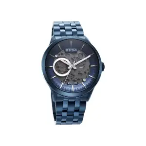 Titan Watch Titan Metal Mechanicals Blue Dial Watch for Men with Blue Stainless Steel Strap 90140QM03