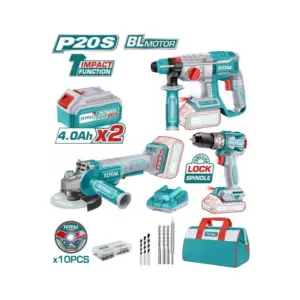 Total Tools Total Drill Machine Combo Kit 3pcs, Cordless, Lithium-ion 20V 4Ah with Impact Drill, Angle Grinder, Rotary Hammer TOSLI240202