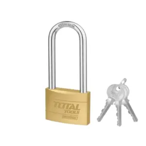 Total Tools Total Brass Padlock Heavy Duty Long Shackle 70mm, Solid Brass Cylinder with Pins, 3pcs Brass Keys TLK32702L