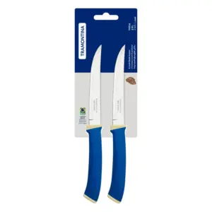 Tramontina Felice Barbecue Knife 5'' Stainless Steel Blades, Smooth Edge and Blue Polypropylene Handles 2pc Set 23493/215