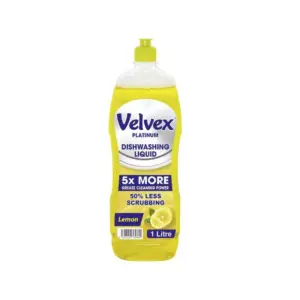 Velvex Platinum Dishwashing Liquid, Lemon Burst, 1L, Pack of 6 Pcs