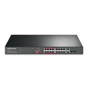 Mercusys 16-Port 10/100Mbps + 2-Port Gigabit Rackmount Switch with 16-Port PoE+
PORT: 16× 10/100Mbps PoE+ Ports,  2× Gigabit Non-PoE ports, 2× combo Gigabit SFP slots
SPEC: Compatible with 802.3af/at PDs, 190 W PoE Power, 1U 19-inch Rack-mountable Steel Case
FEATURE: Extend Mode for 250m PoE Transmitting, Priority Port1-8, Isolation Mode, PoE Auto Recovery, Plug and Play, 2 Year Warranty