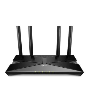 TP-Link AX3000 Dual-Band Wi-Fi 6 Router
SPEED: 574 Mbps at 2.4 GHz + 2402 Mbps at 5 GHz
SPEC: 4× Antennas, 1× Gigabit WAN Port + 4× Gigabit LAN Ports, 1024-QAM, OFDMA, HE160
FEATURE: Tether App, WPA3, Access Point Mode, IPv6 Supported, IPTV, Beamforming, Smart Connect, Airtime Fairness, VPN Server, DFS, Cloud Support, HomeShield, Easymesh (Compatible with Onemesh)