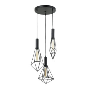 Tronic 3-Light Pendant Lamp – Black/White Finish, E27 Base, Geometric Cage Design
