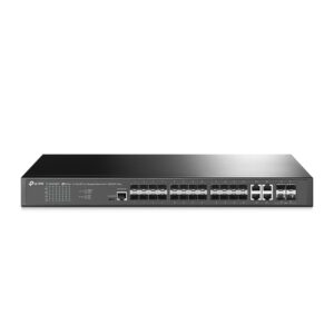 TP-Link Omada Omada 24-Port SFP L2+ Managed Switch with 4 10GE SFP+ Slots
PORT: 20× Gigabit SFP Ports, 4× Gigabit SFP/RJ45 Combo Ports, 4× 10G SFP+ Slots, RJ45/Micro-USB Console Port
SPEC: 1U 19-inch Rack-mountable Steel Case
FEATURE: Integration with Omada SDN Controller, Static Routing, DHCP Server, ERPS, OAM, sFlow, DDM, 802.1Q VLAN, QinQ, STP/RSTP/MSTP, IGMP Snooping, 802.1p/DSCP QoS, ACL, 802.1x, Radius/Tacacs+ Authentication, LACP, CLI, SNMP, Dual Image/Configuration, IPv6, Internal Fixed Dual Redundant Power Supplies