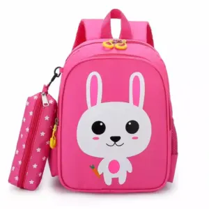 generic Kids School Bag with Pen Case Cartoon Print Carrot Pet ​30cm x 12cm x 24cm Dark Pink