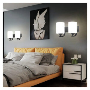 Tronic Modern Double Wall Light With Frosted Glass Shades and Black Metal Finish