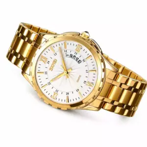 Faith SKMEI 9069 Quartz Wrist Watch Luxury Gold Stainless Steel With Day & Date Display For Men & Women