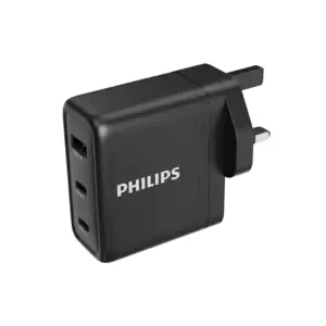 Philips Wall Charger 100W with GaN & PD Technology, Quick Charge, Smart Protection, USB C & USB A Ports, UK Socket DLP6332CB/12