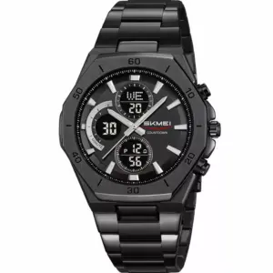 Faith SKMEI 2561 Luxury Stainless Steel Dual Display Analog Digital Waterproof Sports Quartz Wrist Watch For Men With LED Backlight, Alarm, Stopwatch, Date Display And Fashion Business Casual Design